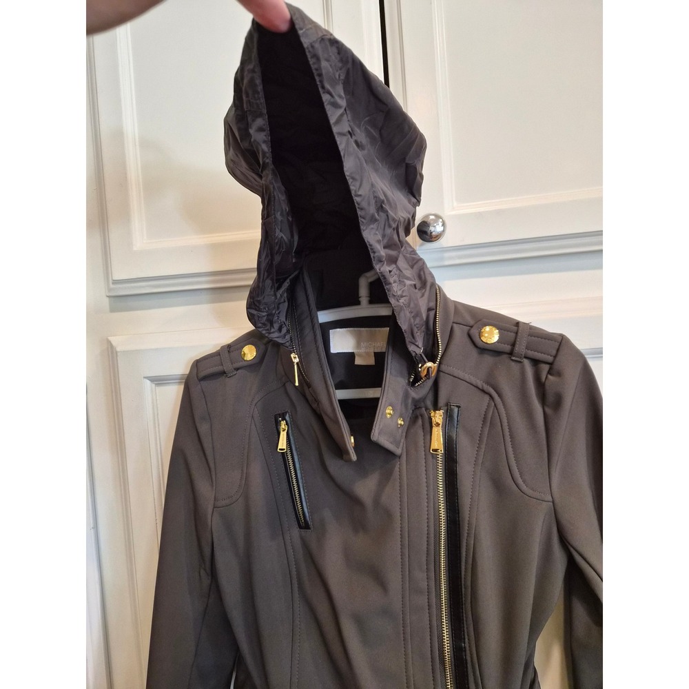 Michael Kors Womens XS Gray Softshell Jacket Faux Fur Lined Hooded Belted Trench - Picture 7 of 15